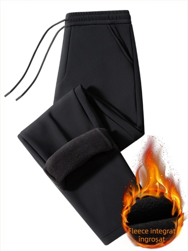 Pantaloni barbatesti cu captuseala de fleece, de iarnă, croi drept, cu curea, pentru barbati de varsta mijlocie, material stretch
