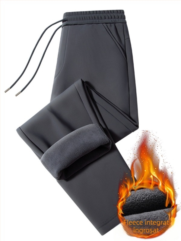 Pantaloni barbatesti cu captuseala de fleece, de iarnă, croi drept, cu curea, pentru barbati de varsta mijlocie, material stretch