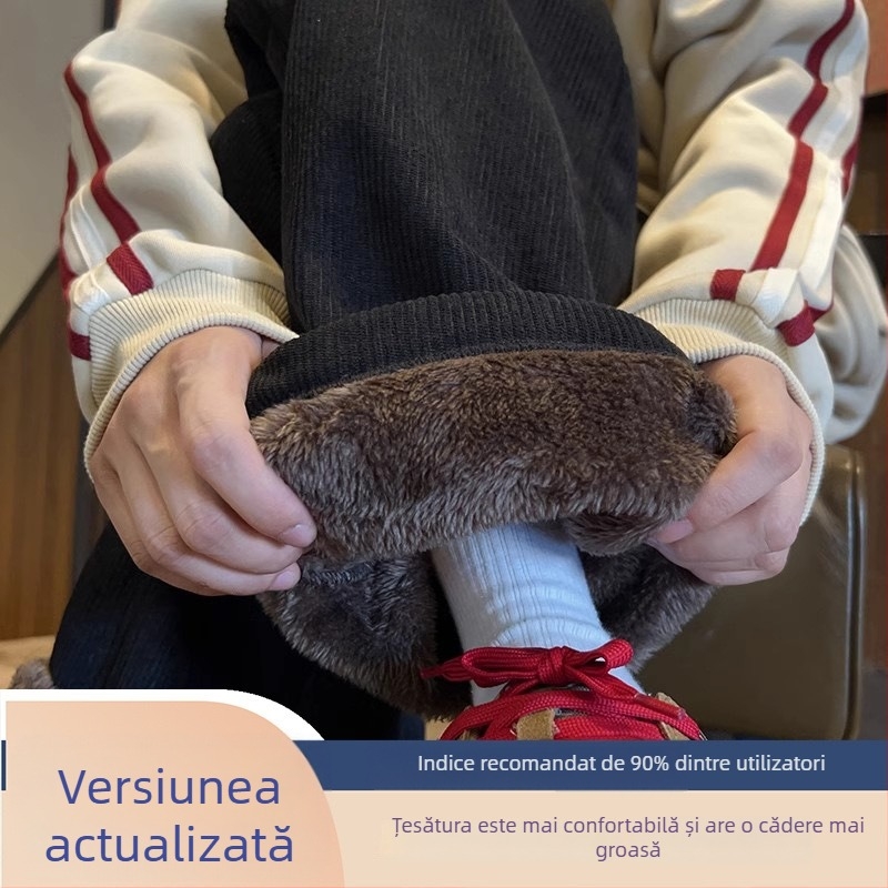 Pantaloni corduroy cu căptușeală de fleece, croială dreaptă, talie medie, pentru adolescenți, stil coreean, iarnă