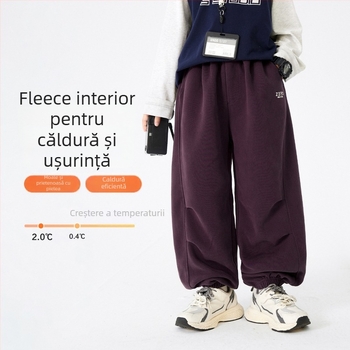 Pantaloni trening de iarnă pentru băieți, cu căptușeală fleece, 52% bumbac, talie medie cu bandă elastică, țesătură moale, iarna 2025