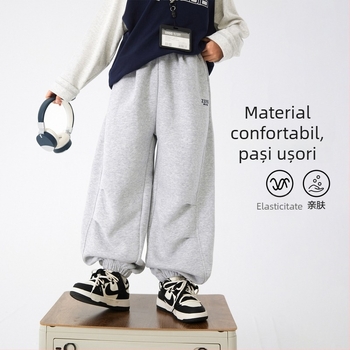 Pantaloni trening de iarnă pentru băieți, cu căptușeală fleece, 52% bumbac, talie medie cu bandă elastică, țesătură moale, iarna 2025