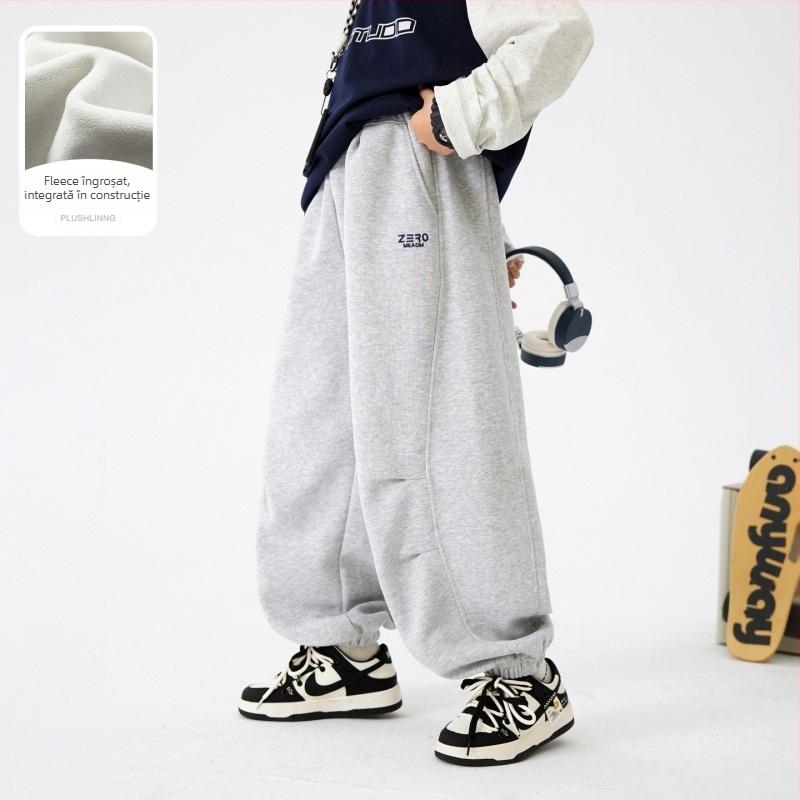 Pantaloni trening de iarnă pentru băieți, cu căptușeală fleece, 52% bumbac, talie medie cu bandă elastică, țesătură moale, iarna 2025