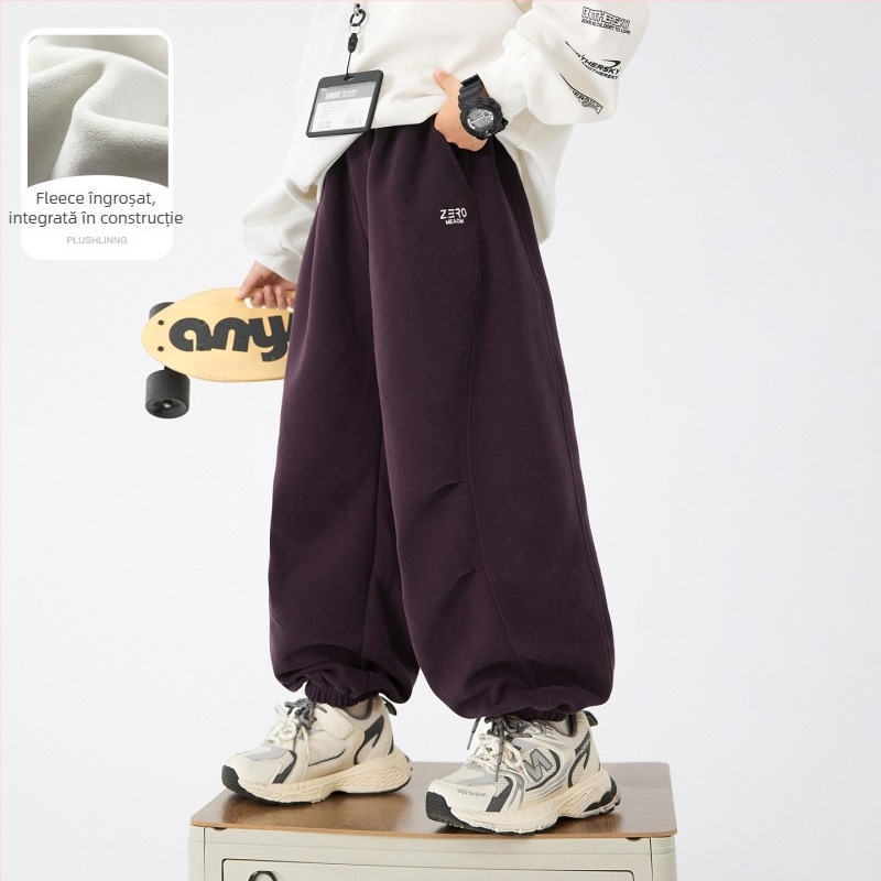 Pantaloni trening de iarnă pentru băieți, cu căptușeală fleece, 52% bumbac, talie medie cu bandă elastică, țesătură moale, iarna 2025