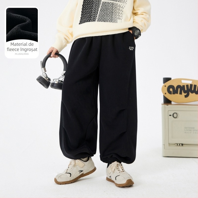 Pantaloni trening de iarnă pentru băieți, cu căptușeală fleece, 52% bumbac, talie medie cu bandă elastică, țesătură moale, iarna 2025