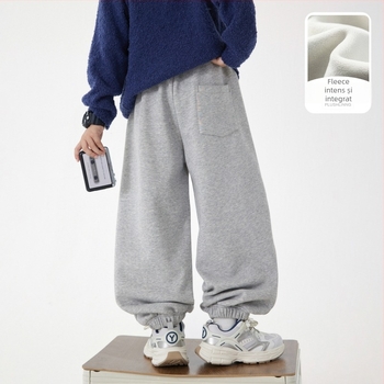 Pantaloni trening pentru băieți, stil coreean, căptuți cu fleece, iarna 2025, 63% bumbac, talie elastică, imprimeu cu litere