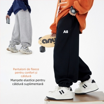 Pantaloni trening pentru băieți, stil coreean, căptuți cu fleece, iarna 2025, 63% bumbac, talie elastică, imprimeu cu litere