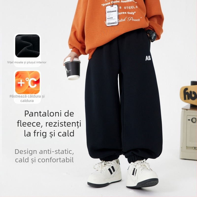 Pantaloni trening pentru băieți, stil coreean, căptuți cu fleece, iarna 2025, 63% bumbac, talie elastică, imprimeu cu litere
