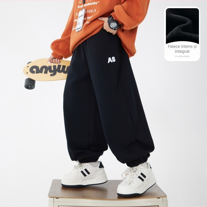 Pantaloni trening pentru băieți, stil coreean, căptuți cu fleece, iarna 2025, 63% bumbac, talie elastică, imprimeu cu litere