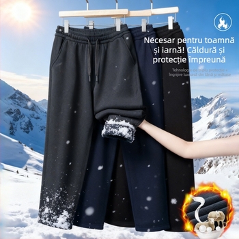 Pantaloni sport pentru bărbați, căptuți cu fleece, împotriva vântului, croială dreptă, talie medie, uni, iarnă 2025