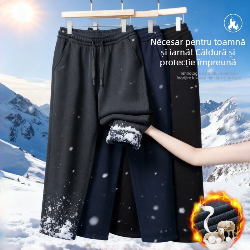 Pantaloni sport pentru bărbați, căptuți cu fleece, împotriva vântului, croială dreptă, talie medie, uni, iarnă 2025