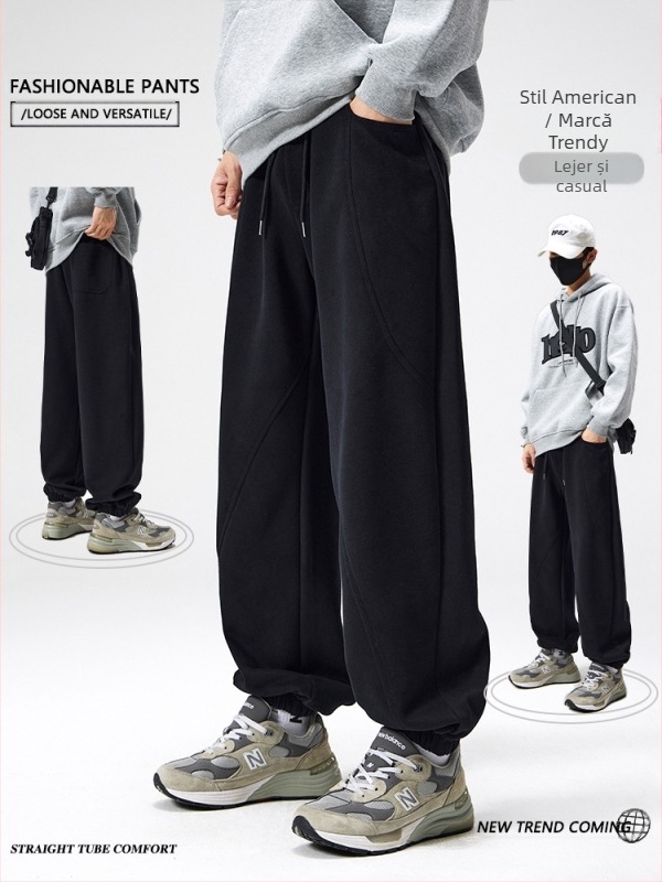 Pantaloni trening bărbați jogger cu patchwork, căptuți cu fleece, de iarnă, croi drept, bumbac amestec 60/40