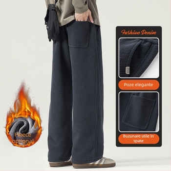 Anyang pantaloni trening largi din velur fleece – talie medie, 100% poliester, stil japonez proaspăt