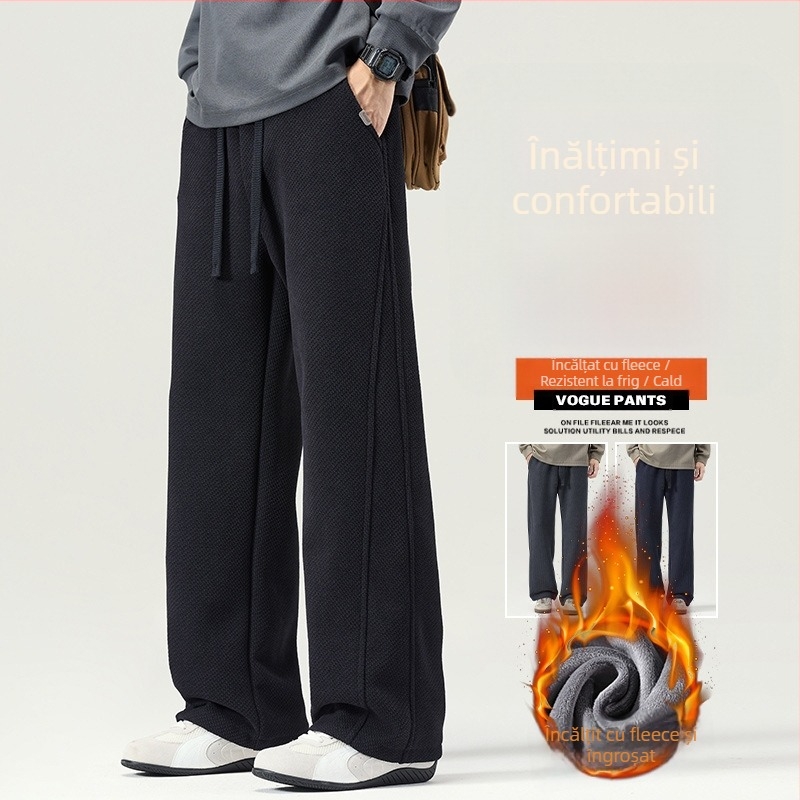 Anyang pantaloni trening largi din velur fleece – talie medie, 100% poliester, stil japonez proaspăt