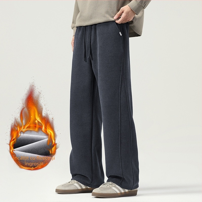 Anyang pantaloni trening largi din velur fleece – talie medie, 100% poliester, stil japonez proaspăt