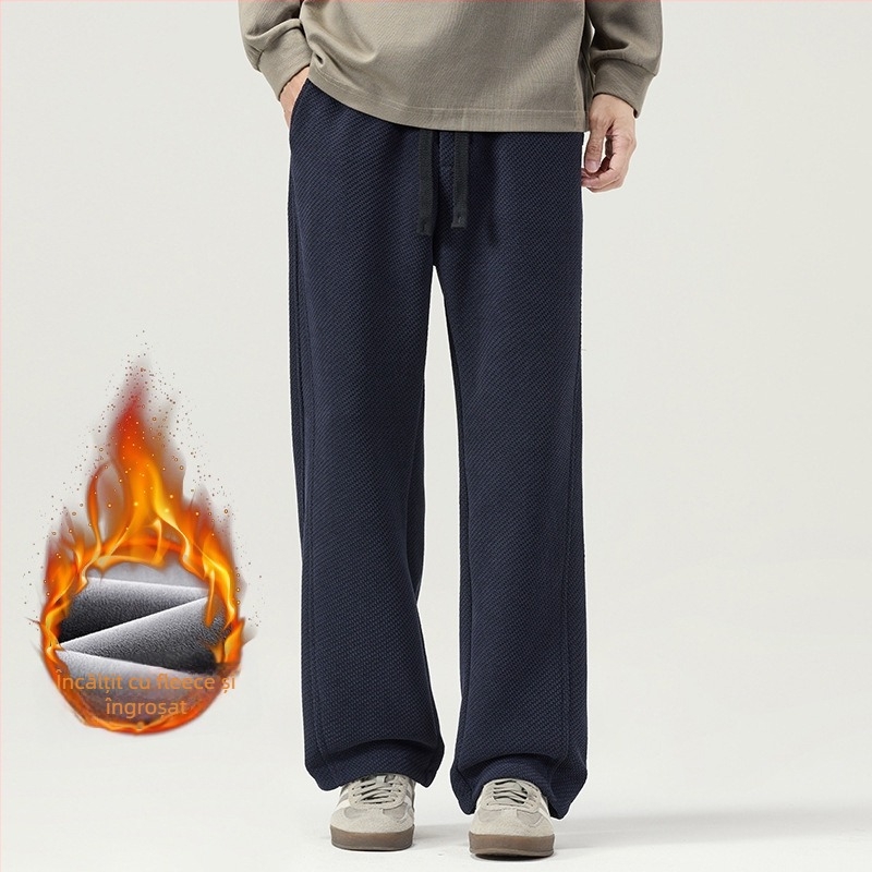 Anyang pantaloni trening largi din velur fleece – talie medie, 100% poliester, stil japonez proaspăt