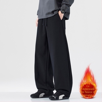 Pantaloni trening bărbați cu căptușeală fleece, croială dreaptă, culoare solidă, compoziție bumbac-poliester 61,2%/38,8%, talie medie, toamnă 2025