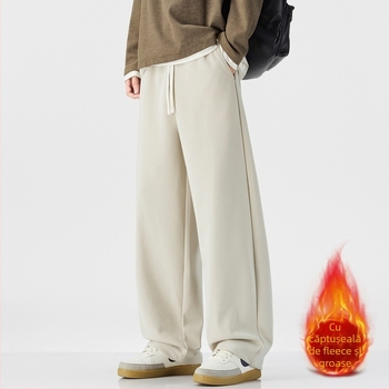 Pantaloni trening bărbați cu căptușeală fleece, croială dreaptă, culoare solidă, compoziție bumbac-poliester 61,2%/38,8%, talie medie, toamnă 2025