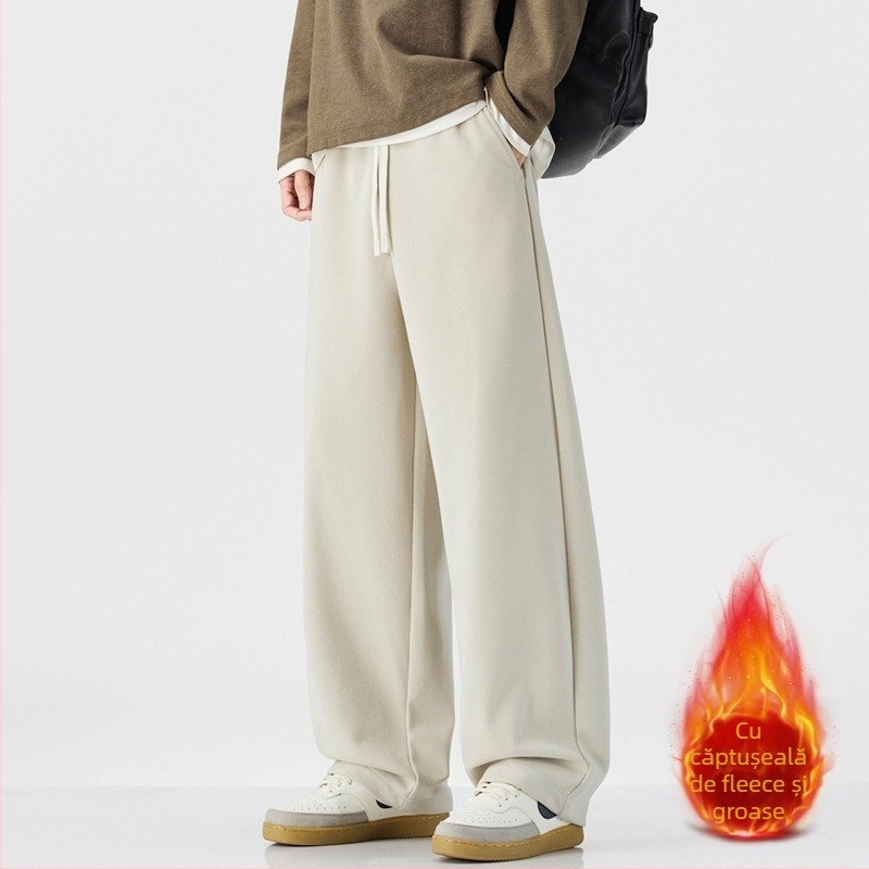 Pantaloni trening bărbați cu căptușeală fleece, croială dreaptă, culoare solidă, compoziție bumbac-poliester 61,2%/38,8%, talie medie, toamnă 2025