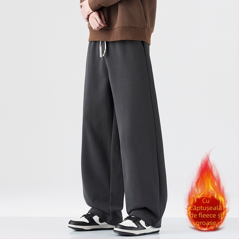 Pantaloni trening bărbați cu căptușeală fleece, croială dreaptă, culoare solidă, compoziție bumbac-poliester 61,2%/38,8%, talie medie, toamnă 2025