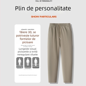 Pantaloni casual bărbați cu căptușeală fleece, poliester 100%, rezistență la vânt și călduroși, talie înaltă, croială dreaptă cu șnur în talie