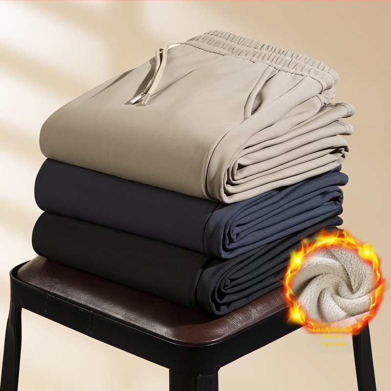 Pantaloni casual bărbați cu căptușeală fleece, poliester 100%, rezistență la vânt și călduroși, talie înaltă, croială dreaptă cu șnur în talie