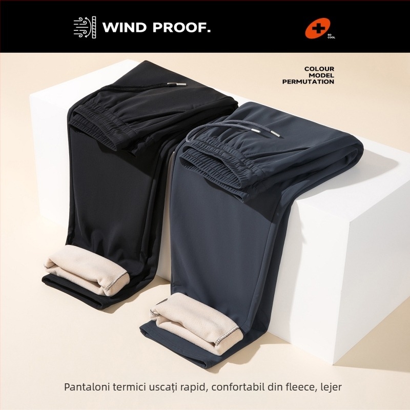 Pantaloni casual bărbați cu căptușeală fleece, poliester 100%, rezistență la vânt și călduroși, talie înaltă, croială dreaptă cu șnur în talie