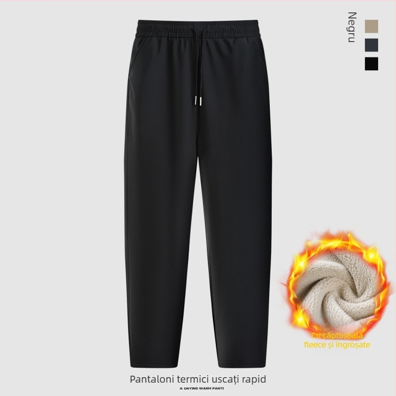 Pantaloni casual bărbați cu căptușeală fleece, poliester 100%, rezistență la vânt și călduroși, talie înaltă, croială dreaptă cu șnur în talie