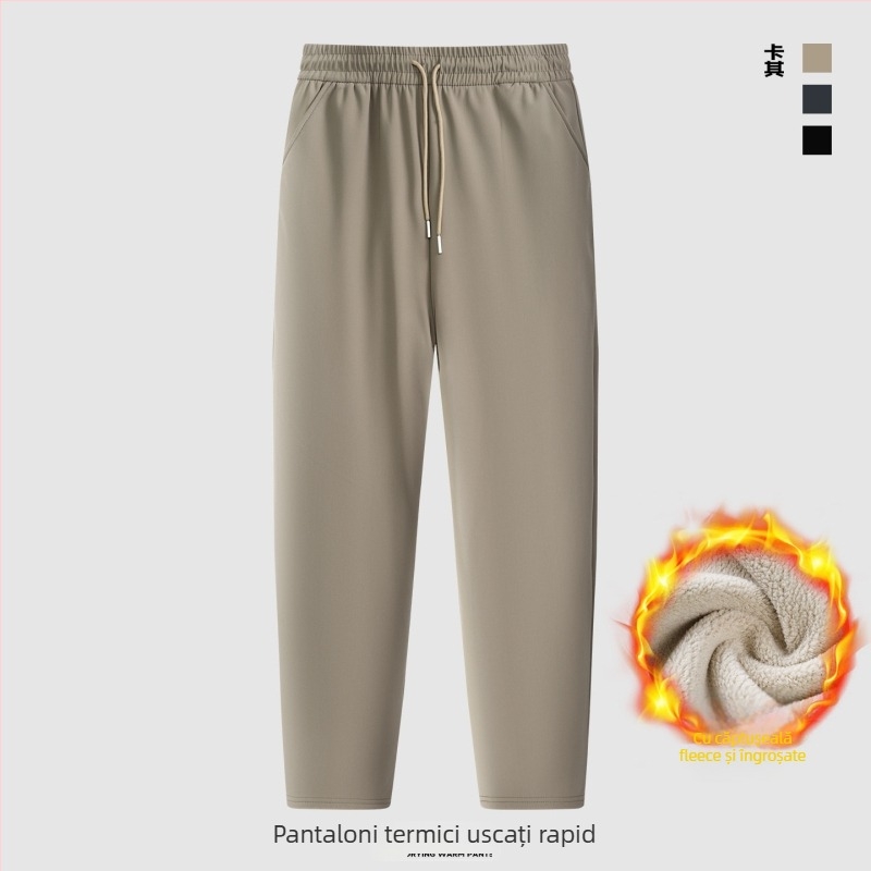 Pantaloni casual bărbați cu căptușeală fleece, poliester 100%, rezistență la vânt și călduroși, talie înaltă, croială dreaptă cu șnur în talie