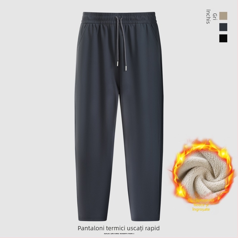 Pantaloni casual bărbați cu căptușeală fleece, poliester 100%, rezistență la vânt și călduroși, talie înaltă, croială dreaptă cu șnur în talie