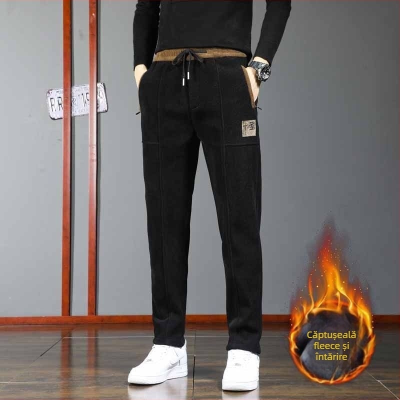Pantaloni sport pentru bărbați din corduroy, talie medie, unicolor, stil sport