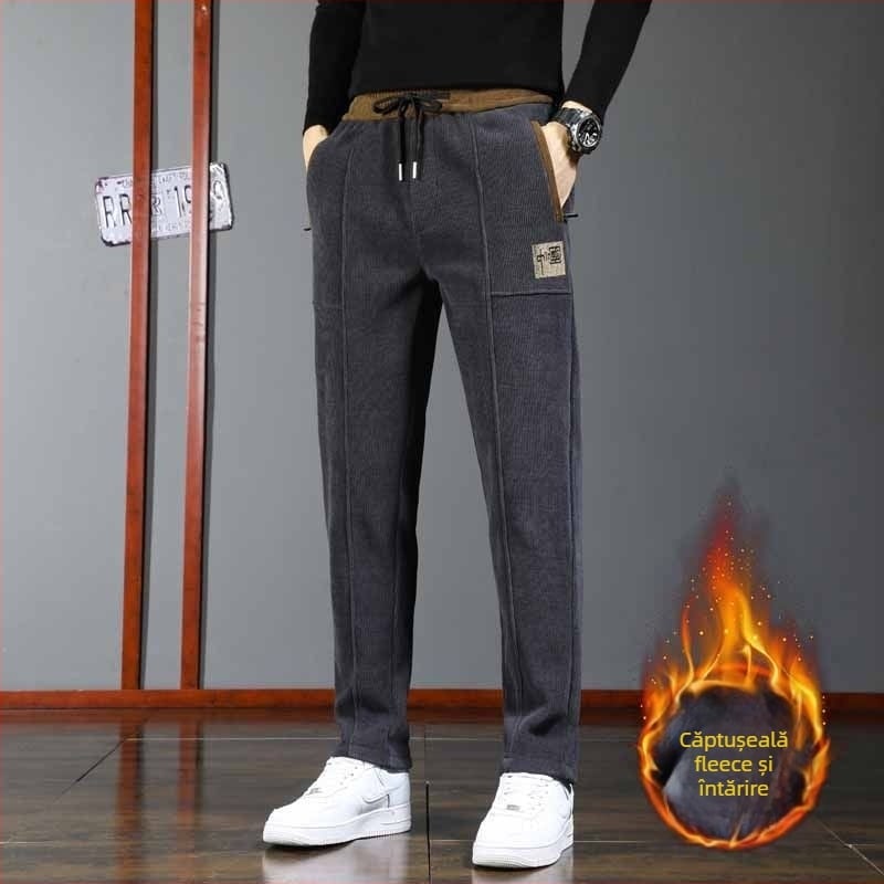 Pantaloni sport pentru bărbați din corduroy, talie medie, unicolor, stil sport