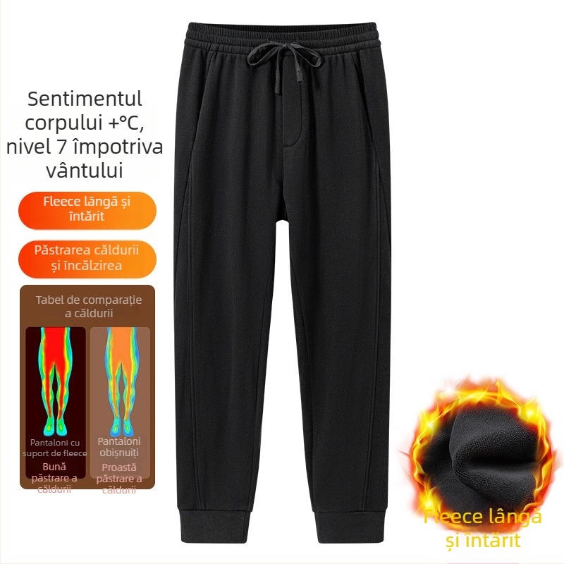 Pantaloni de trening pentru bărbați, căptușiți cu fleece de miel, croială lejeră, talie înaltă, rezistenți la vânt, casual iarnă