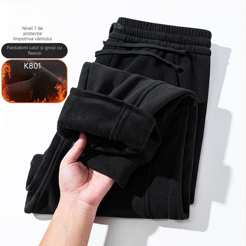 Pantaloni de trening pentru bărbați, căptușiți cu fleece de miel, croială lejeră, talie înaltă, rezistenți la vânt, casual iarnă