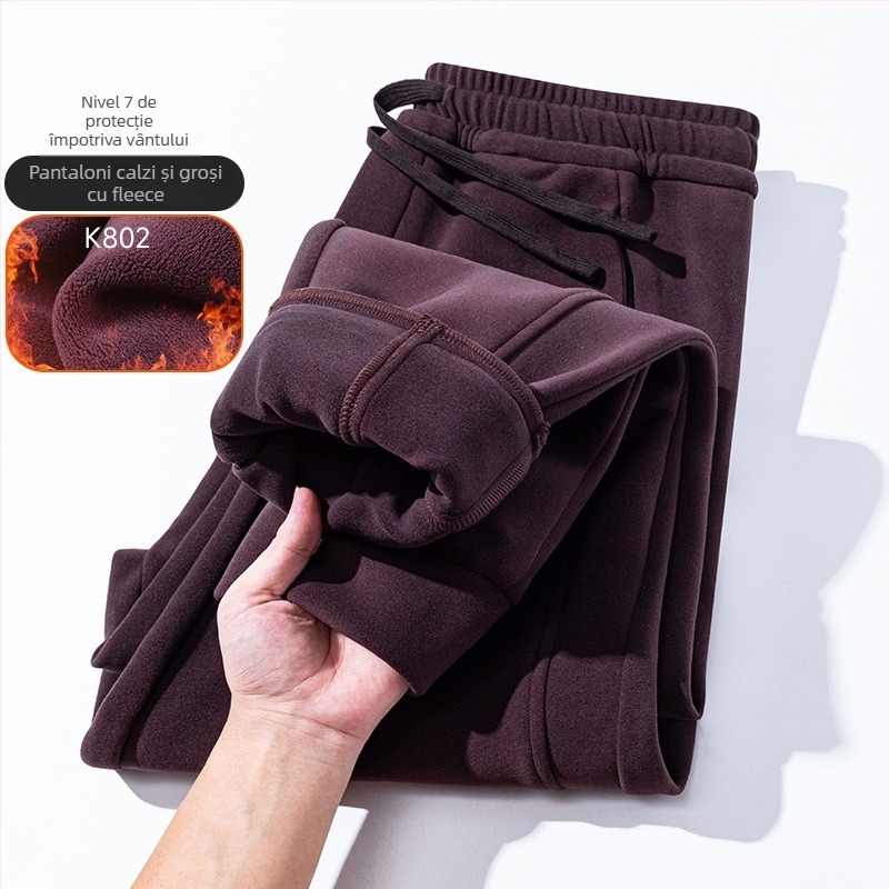Pantaloni de trening pentru bărbați, căptușiți cu fleece de miel, croială lejeră, talie înaltă, rezistenți la vânt, casual iarnă