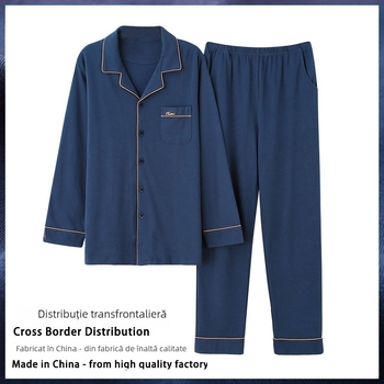 Set de pijamă bărbați din bumbac tricotat, mânecă lungă, decolteu în V, țesătură medie 181-200 g/m2, pantaloni