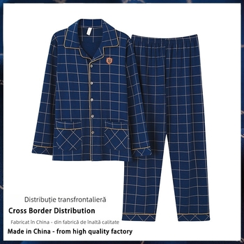 Set de pijamă bărbați din bumbac tricotat, mânecă lungă, decolteu în V, țesătură medie 181-200 g/m2, pantaloni