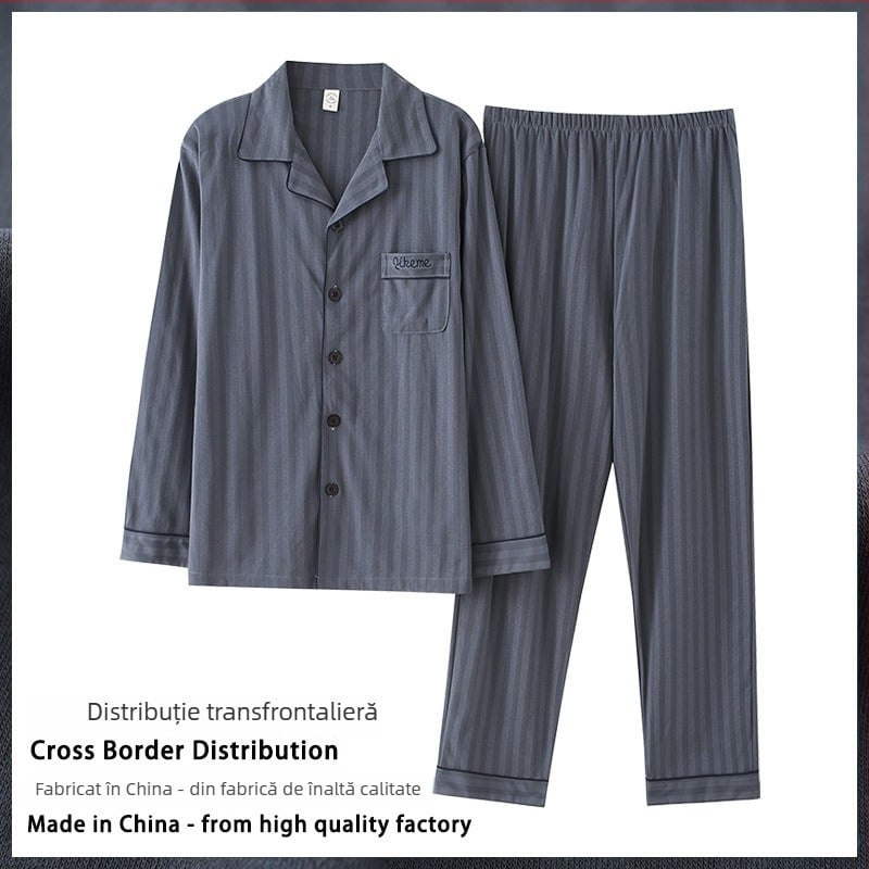 Set de pijamă bărbați din bumbac tricotat, mânecă lungă, decolteu în V, țesătură medie 181-200 g/m2, pantaloni