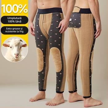 Pantaloni termici pentru bărbați, cu căptușeală fleece extra groasă, talie înaltă, trei straturi de poliester cationic, căptușeală velur, păstrează căldura iarna