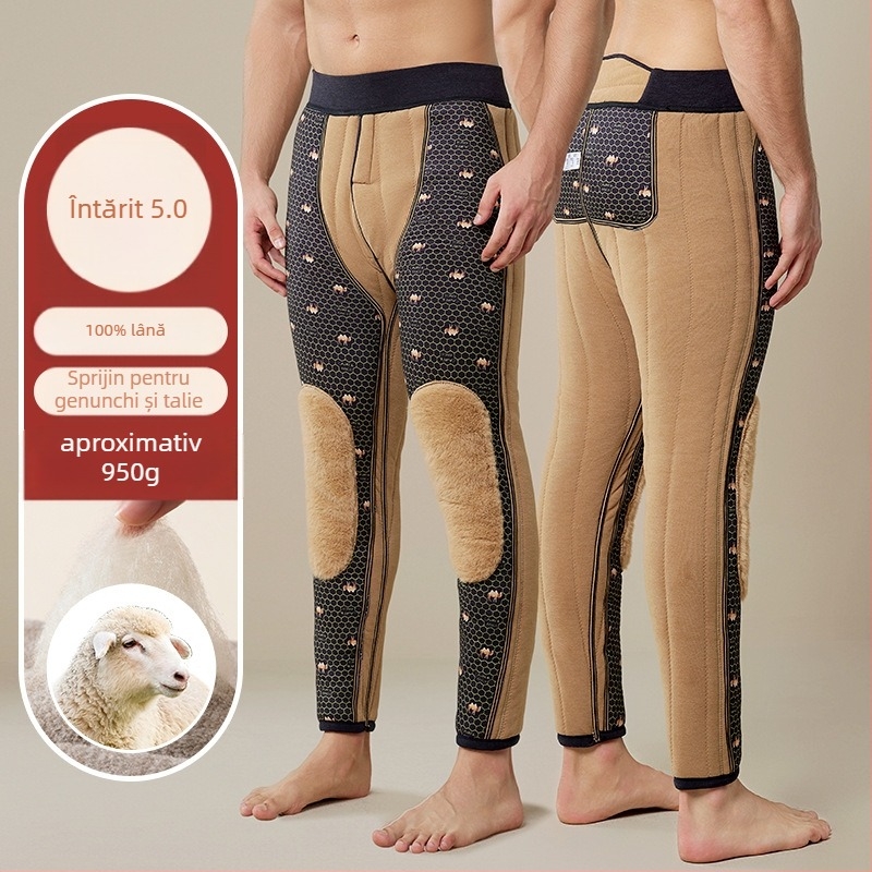 Pantaloni termici pentru bărbați, cu căptușeală fleece extra groasă, talie înaltă, trei straturi de poliester cationic, căptușeală velur, păstrează căldura iarna