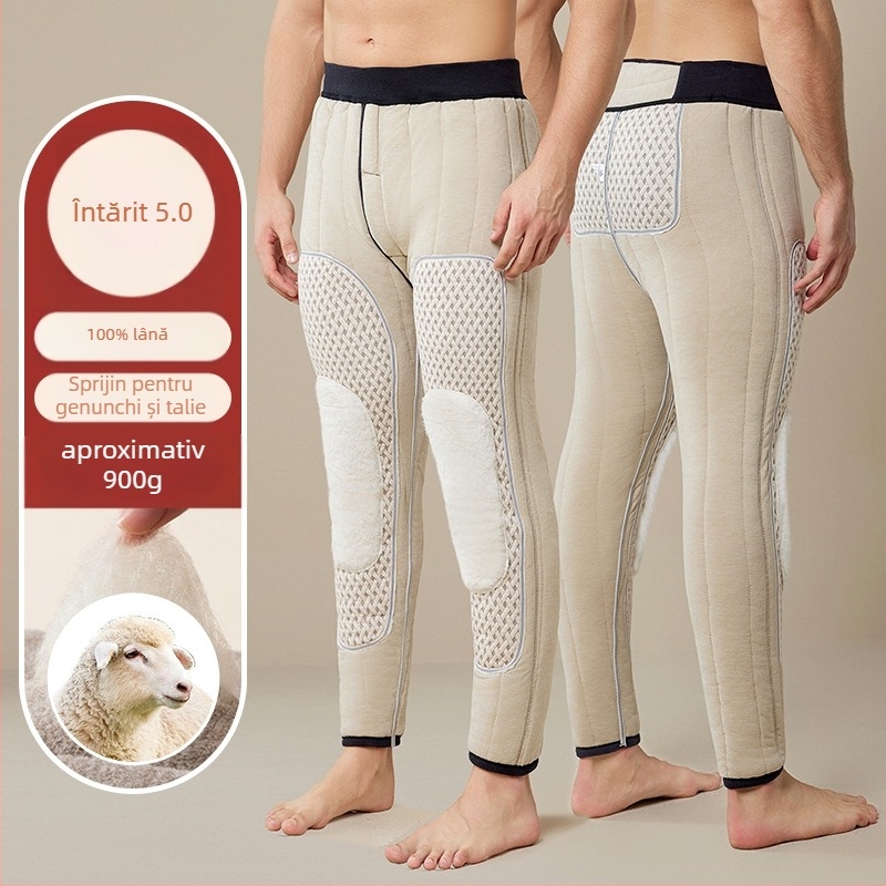 Pantaloni termici pentru bărbați, cu căptușeală fleece extra groasă, talie înaltă, trei straturi de poliester cationic, căptușeală velur, păstrează căldura iarna