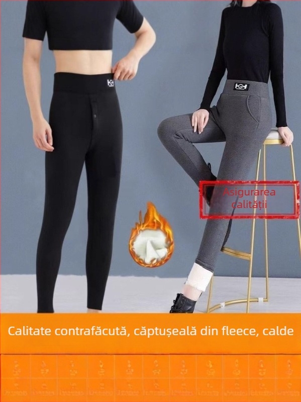 Colanți termici cu fleece, amestec poliesters-elastan, groși și calzi, talie înaltă, croială slim, lungime 9/10