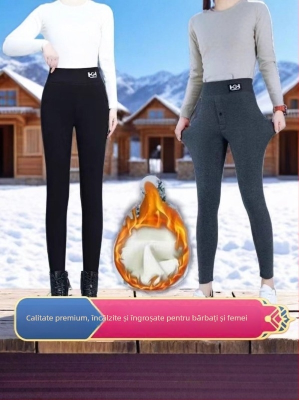 Colanți termici cu fleece, amestec poliesters-elastan, groși și calzi, talie înaltă, croială slim, lungime 9/10
