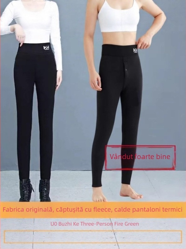 Colanți termici cu fleece, amestec poliesters-elastan, groși și calzi, talie înaltă, croială slim, lungime 9/10