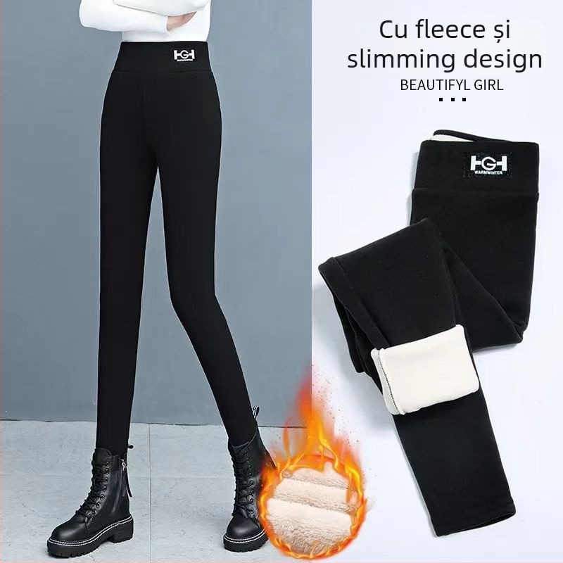Colanți termici cu fleece, amestec poliesters-elastan, groși și calzi, talie înaltă, croială slim, lungime 9/10