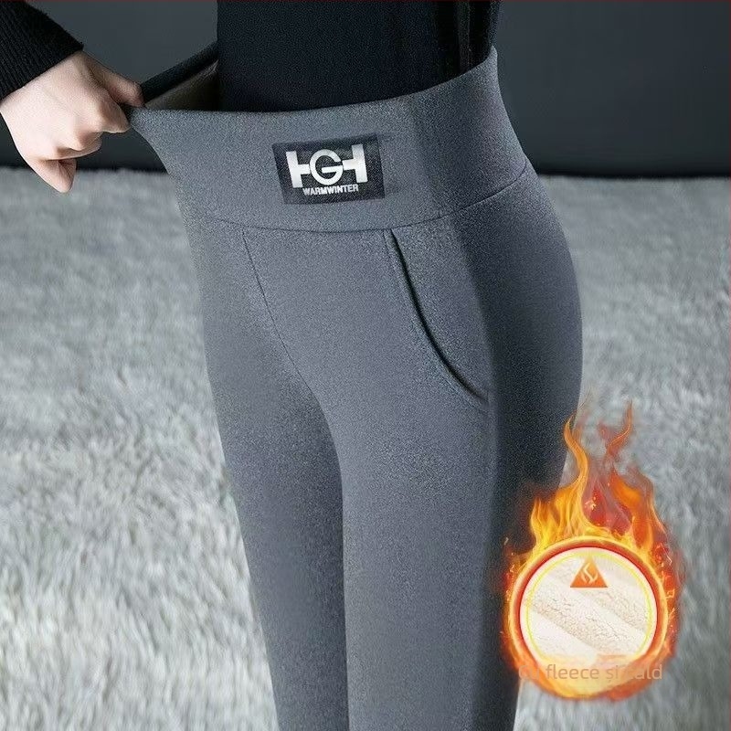 Colanți termici cu fleece, amestec poliesters-elastan, groși și calzi, talie înaltă, croială slim, lungime 9/10