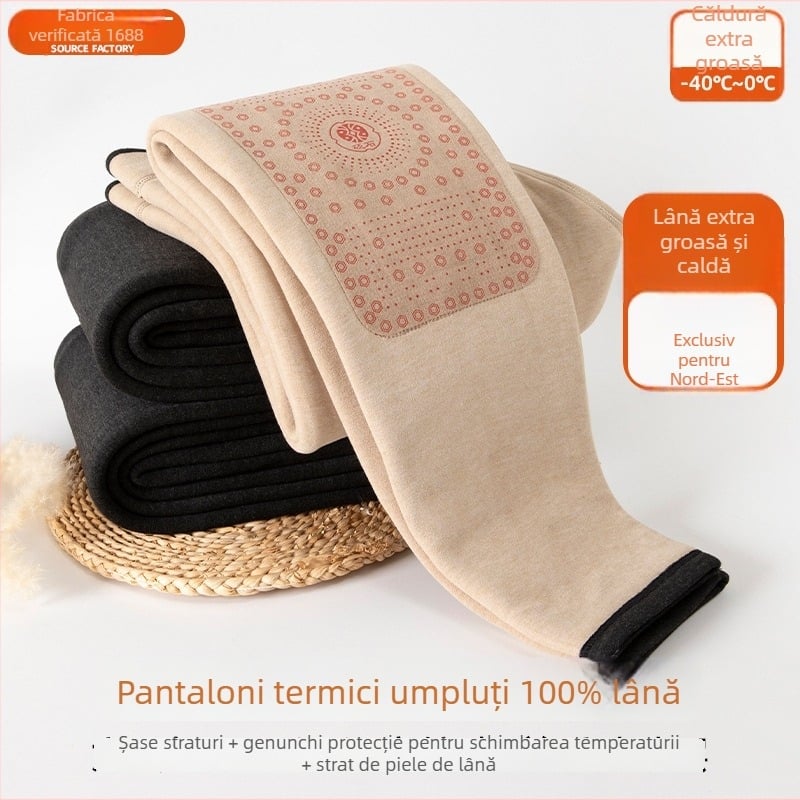 Pantaloni termici de lână pentru bărbați, cu genunchiere integrate, căptuți cu fleece, construcție cu trei straturi, 100% lână, grosime 501-600 g/m²