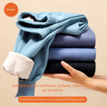 Pantaloni călduroși cu fleece pentru adolescenți băieți – poliester, fleece gros, culoare uni, lungi.