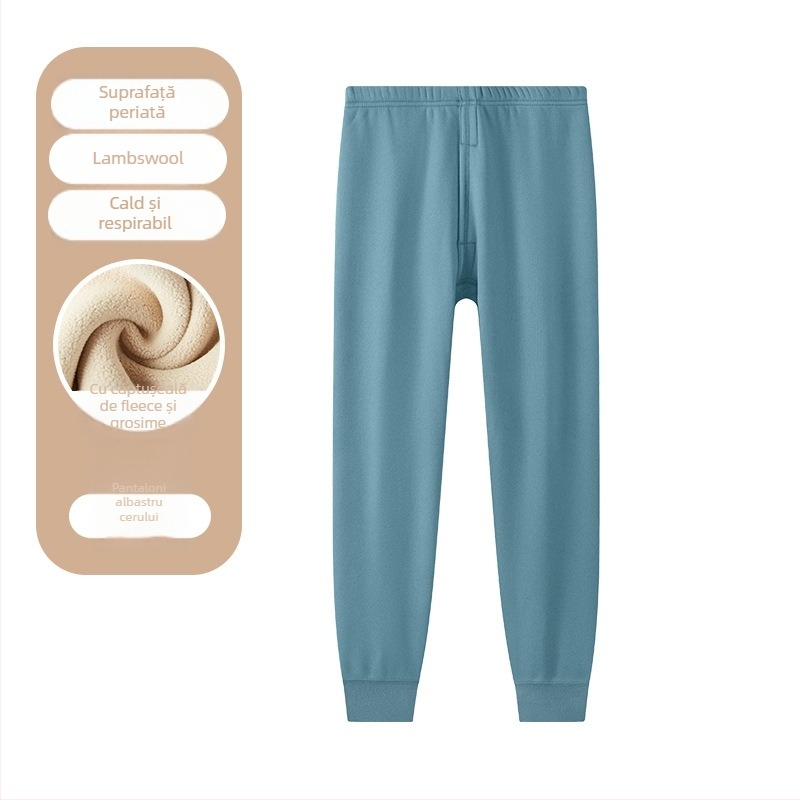Pantaloni călduroși cu fleece pentru adolescenți băieți – poliester, fleece gros, culoare uni, lungi.