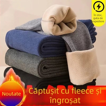 Pantaloni termici unisex din lână de miel, căptușiți cu fleece, cu dublu strat încălzit, țesătură cationică anti-piling