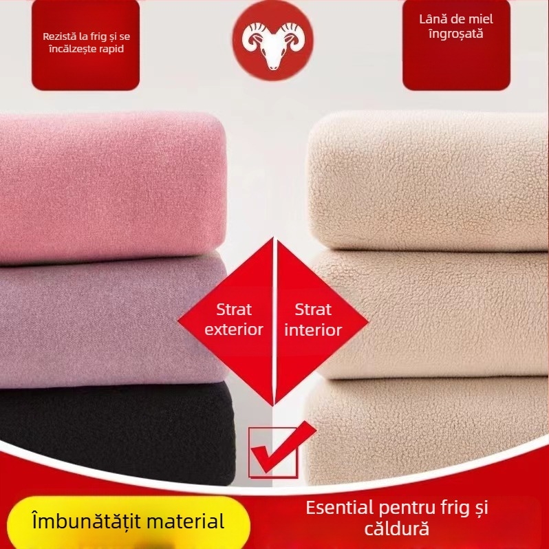 Pantaloni termici unisex din lână de miel, căptușiți cu fleece, cu dublu strat încălzit, țesătură cationică anti-piling